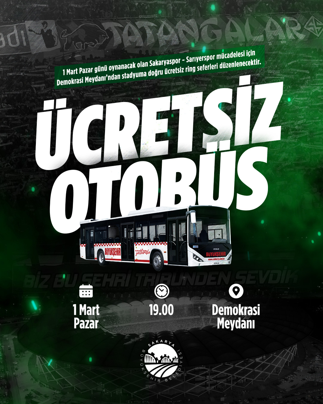 Büyükşehir’den Sakaryaspor maçı için ücretsiz ring seferi