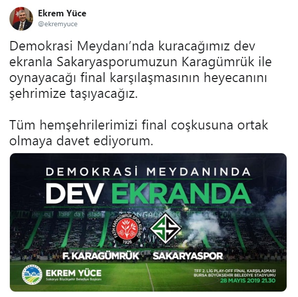 Başkan Yüce sosyal medyadan duyurdu. Final coşkusu Demokrasi Meydanında yaşanacak