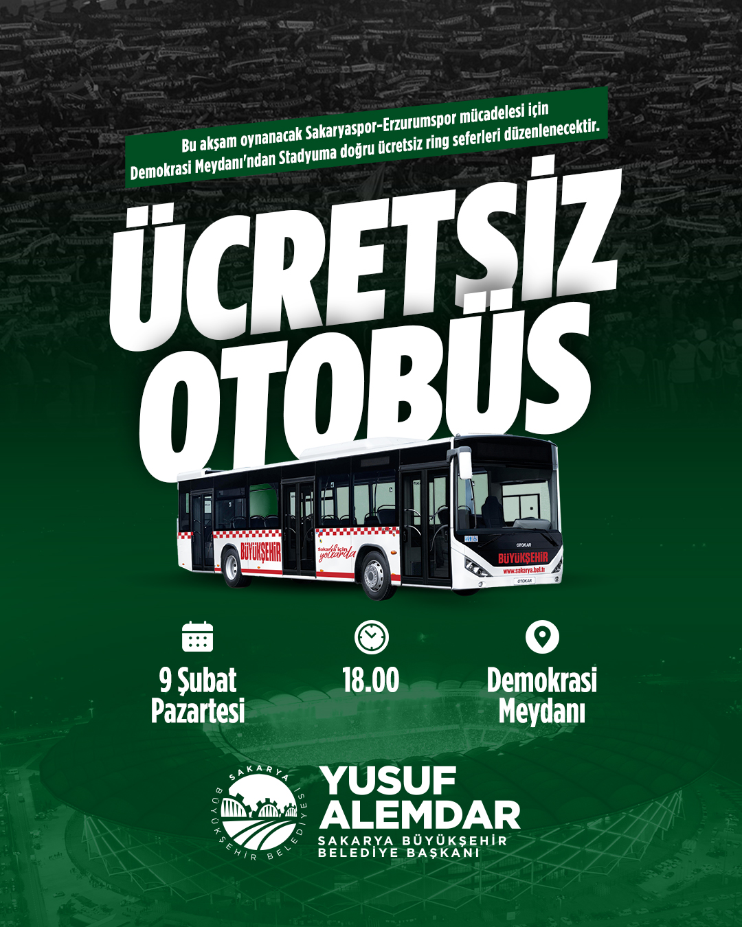 Büyükşehir’den Sakaryaspor maçı için ücretsiz ring seferi