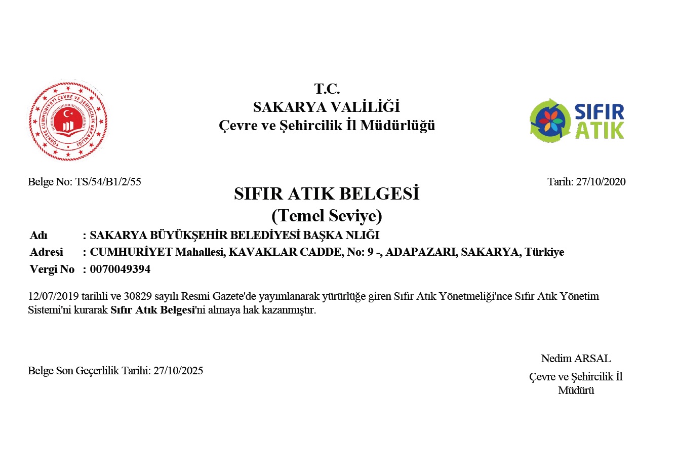 Büyükşehir’e ‘Sıfır Atık Belgesi’