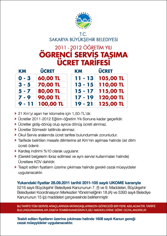 Öğrenci Servis Taşıma Ücret Tarifesi