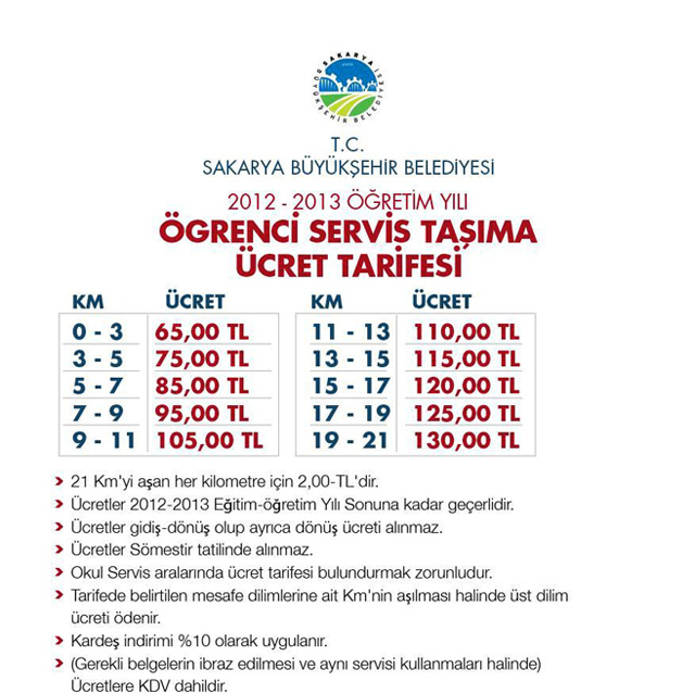 Öğrenci servis taşıma ücret tarifesi